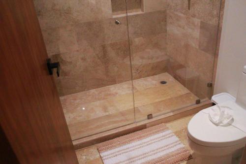 a bathroom with a shower with a toilet at Alonisos Luxury Apartment in San Bruno