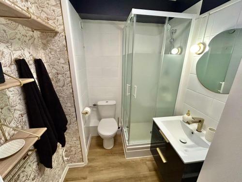 une salle de bain avec une douche, des toilettes et un lavabo dans l'établissement studio coquet grau du roi, au Grau-du-Roi
