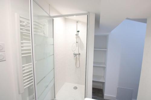 une douche avec une porte vitrée dans une salle de bain dans l'établissement Grand Théâtre Apartment, à Bordeaux