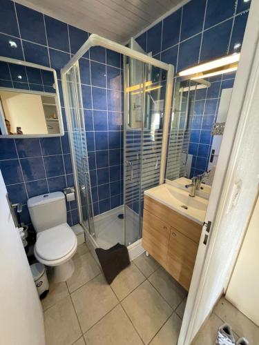 La salle de bains est pourvue de carrelage bleu, de toilettes et d'une douche. dans l'établissement Agréable T2 climatisé, terrasse,wifi,piscine, à Bandol
