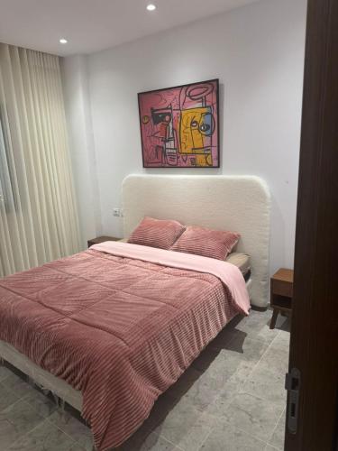 a bed in a bedroom with a painting on the wall at Appartement a jardin carthage tunis in Sidi Daoud
