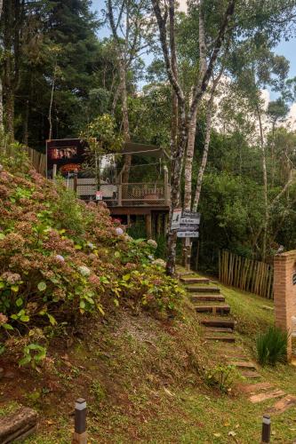 a house on top of a hill with stairs at Recanto Lira 1 e 3 in Monte Verde