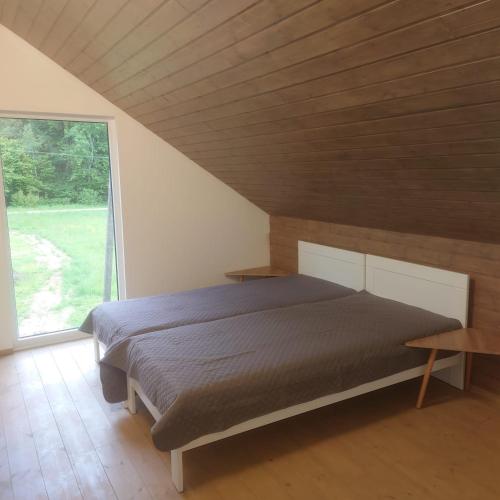 ein Schlafzimmer mit einem Bett und einem großen Fenster in der Unterkunft Draugų sodyba in Trimputiškis