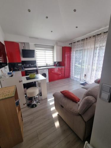 un salon avec un canapé et une cuisine avec des armoires rouges dans l'établissement Villa T2 Entre mer & montagne, à Santa-Maria-Poggio