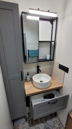 une salle de bain avec un lavabo et un miroir dans l'établissement Maison élégante entre Ré et Marais, à Marans
