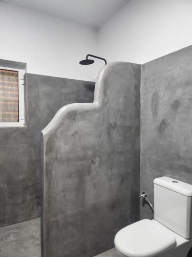 a bathroom with a toilet and a light on the wall at Agalma - Holiday Home in Karistos