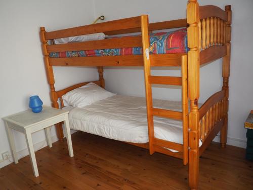 - un lit superposé avec une échelle à côté d'une table dans l'établissement Gîte Le petit Bonheur dans la vallée du Tarn, à Ambialet