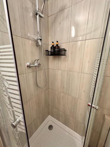 a bathroom with a shower with a glass door at Cristina Dreams Apartaments in Botoşani