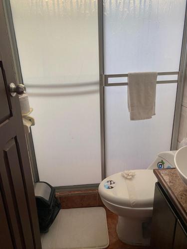 a bathroom with a shower with a toilet and a sink at Villas manuel antonio in Quepos