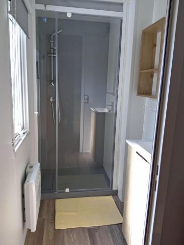 une douche avec une porte vitrée dans une salle de bain dans l'établissement KOKUA VACANCES Mobil Homes Résidentiels camping 4 étoiles JULIEN EN BORN, à Saint-Julien-en-Born