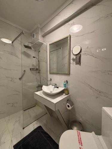 a bathroom with a sink and a shower and a toilet at Leonidas Apartments & Suites 2 in Mola Kalyva