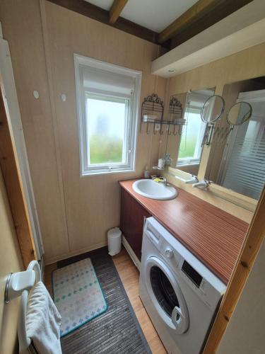 une salle de bain avec une machine à laver et un lavabo dans l'établissement Chalet avec piscine proche de la plage, à Grandcamp-Maisy