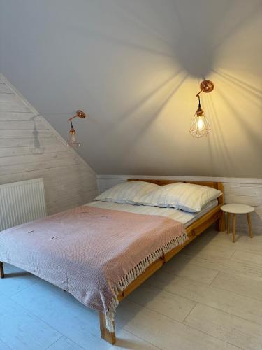 a bed in a room with a ceiling with lights at Serska Chatyna in Serwy