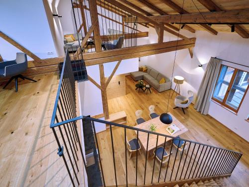 an overhead view of a living room and dining room at Moierhof in Gstadt am Chiemsee