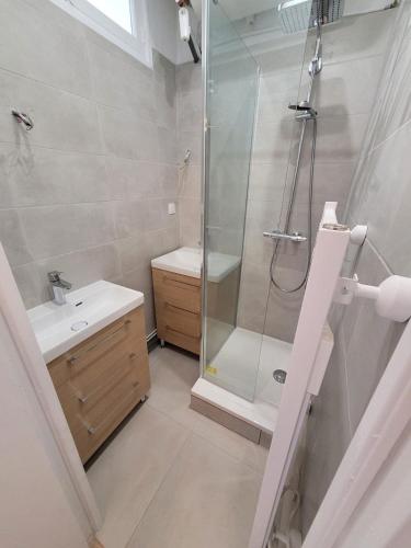 une salle de bain avec une douche, des toilettes et un lavabo dans l'établissement Votre cocon marseillais 3 chambres dans le centre, à Marseille