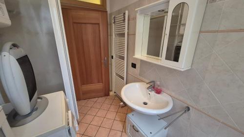 a small bathroom with a sink and a toilet at Casa vacanza Auronzo in Auronzo di Cadore