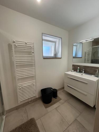 une salle de bain avec un lavabo et un miroir dans l'établissement Maison avec cour, à Villefranche-Sur-Cher