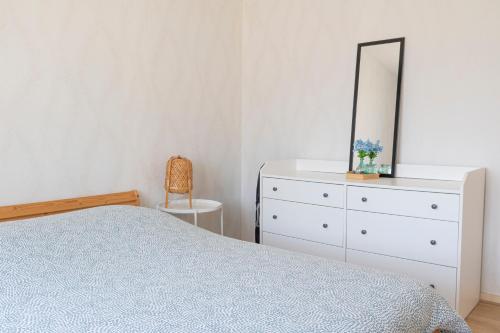 une chambre avec un lit et une commode avec un miroir dans l'établissement Charmant appartement - 5 mn Zoo de Beauval 4p, à Saint-Aignan
