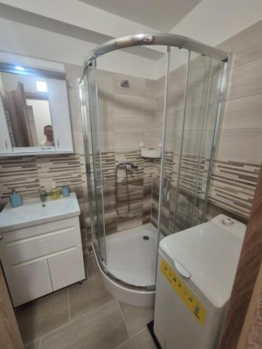 a bathroom with a shower and a toilet and a sink at Sandline in Kecskemét