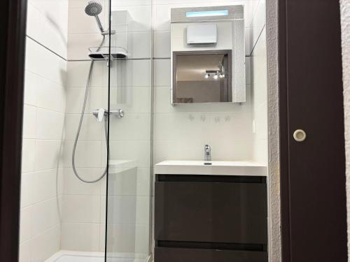 une salle de bain avec douche et lavabo dans l'établissement Résidence LE DE 3 - 2 Pièces pour 4 Personnes MAE-1681, à Aime La Plagne