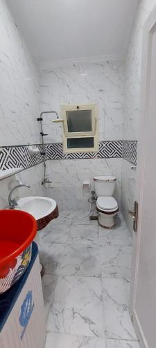 a bathroom with a toilet and a tv on the wall at الساحل الشمالي in Borg El Arab