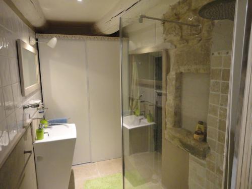 une salle de bain avec une douche en verre et un lavabo dans l'établissement wellstay, à Montpezat