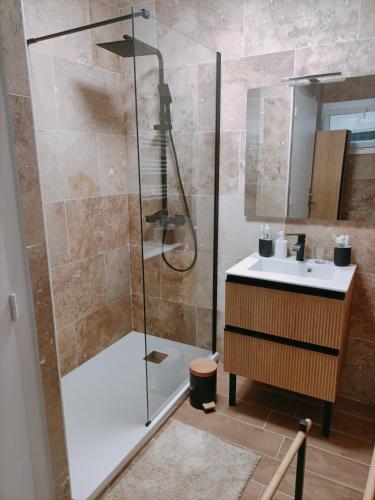 une salle de bain avec douche et lavabo dans l'établissement Appartement cosy centre ville, à Sainte-Maxime