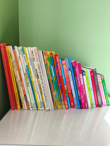 a row of books lined up on a shelf at Cosy Flat with IPTV, BB gear Married couples only in Tangier