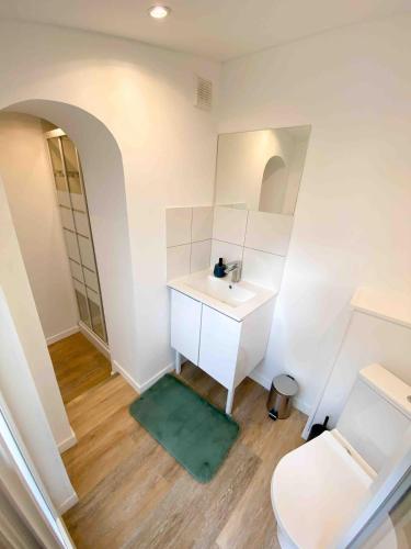 une salle de bain avec un lavabo et un miroir et des toilettes dans l'établissement Charmante Maison de 4 Chambres avec salles de bains indépendantes et privée, idéal pour travailler et pour les vacances, à Rouen