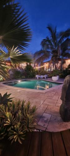 una piscina notturna con palme e edifici di Ti Kaz Paradis - Bungalow en bois pour 2 - 4 étoiles a Le Tampon