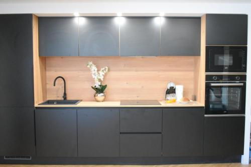 - une cuisine avec des placards noirs et un évier dans l'établissement Villa de charme en pierre, à San-Martino-di-Lota