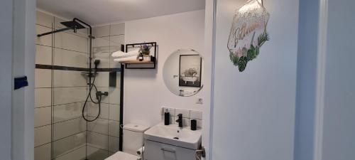 a white bathroom with a sink and a mirror at Tiny Teo Sătic in Satic