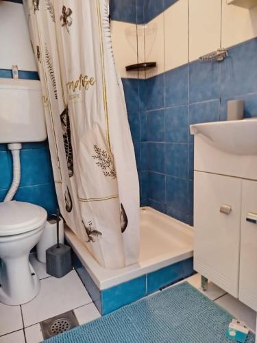 a bathroom with a toilet and a shower curtain at Apartments Rose in Zaton