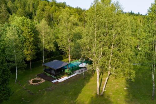 an overhead view of a house in the woods at Villa Biesisko Przysłup Cisna in Cisna
