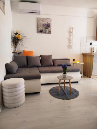 a living room with a couch and a table at Apartments Rose in Zaton