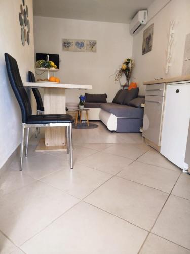 a kitchen and living room with a table and a couch at Apartments Rose in Zaton