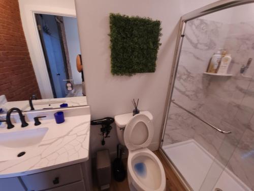 a bathroom with a shower and a toilet and a sink at Easy Access I TQL Stadium I Free Parking in Cincinnati
