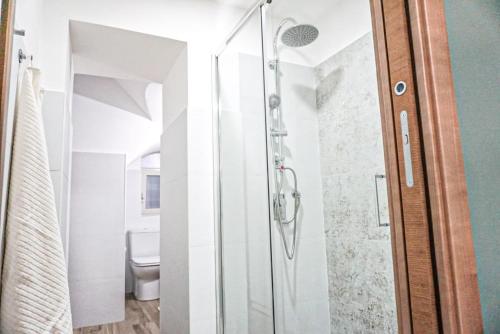 un bagno con doccia in vetro e WC di Carmelitani Loft Catania Center a Catania
