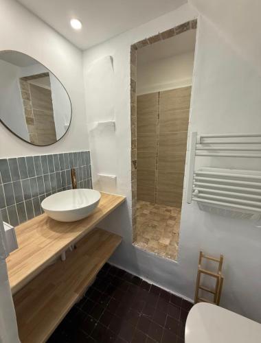 une salle de bain avec un lavabo et un miroir dans l'établissement La Bastide du Cèdre - 20 minutes from Collioure, à Tresserre