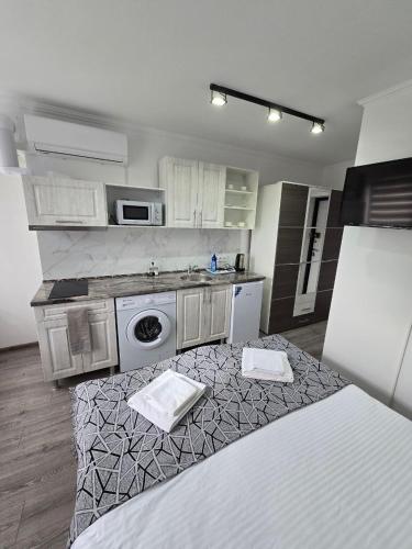 a kitchen with a sink and a washing machine at Small House ApartHotel in Chişinău