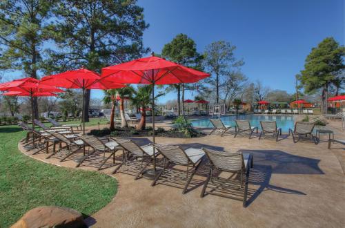 eine Gruppe von Stühlen und Sonnenschirmen neben einem Pool in der Unterkunft Lake Conroe One-Bedroom Cabin 3 in Willis