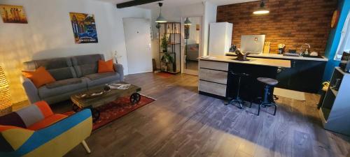 un salon avec un canapé et une cuisine dans l'établissement Valmy Cosy - Appartement entier - Hypercentre, à LʼIsle-sur-la-Sorgue