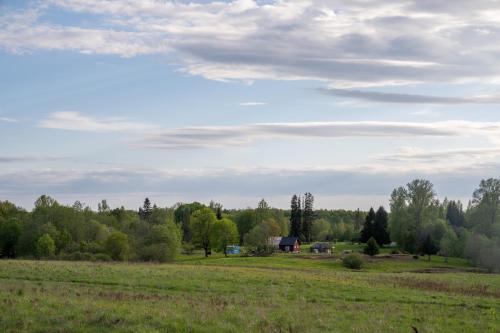a field with a house in the middle of a field at Countryside tent near Tõrva in Jõgeveste