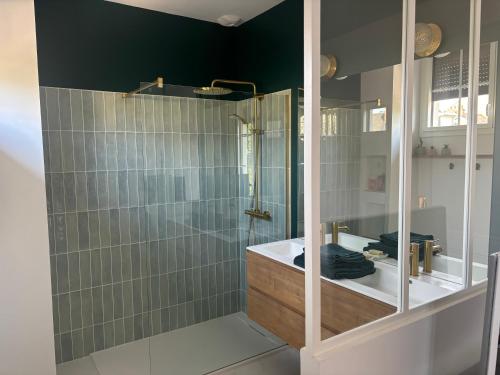 une salle de bain avec une douche, une baignoire et un lavabo dans l'établissement Maison de caractère Le Mans 3 min à pieds gare et tram, proche centre ville, au Mans