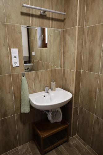a bathroom with a sink and a mirror at Hamvas Vendégház Tiszakécske in Tiszakécske