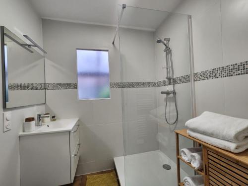 a white bathroom with a shower and a sink at Au fil du temps, Confort, Calme, Centre, Wifi in Camblain-Châtelain