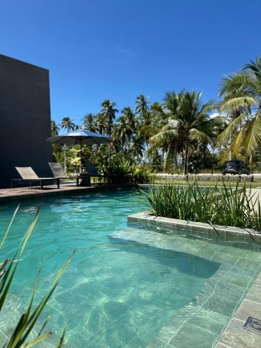 a swimming pool with blue water and palm trees at Villa Naluri - Casa Yodo - Apartamento 1 quarto em Japaratinga in Japaratinga