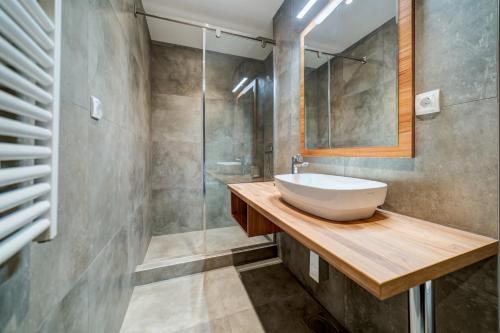 a bathroom with a sink and a shower at Kalman SPA&GYM in Zlatibor