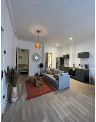 un salon avec un canapé et une cuisine dans l'établissement T2 calme à 11 minutes des Remparts - Wifi Parking, à Avignon