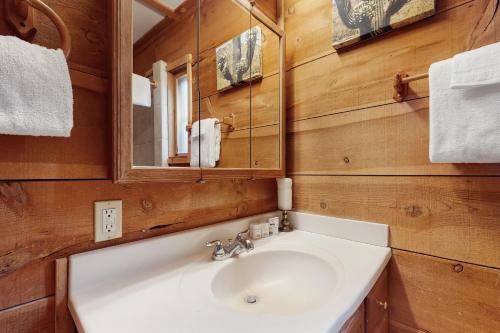 a bathroom with a sink and a mirror at Bigfoot Lodge in Angel Fire